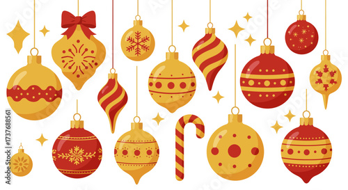 Collection of festive red and gold Christmas ornaments and holiday decorations.