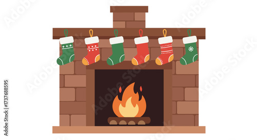 Cozy Christmas fireplace with festive stockings and warm fire.