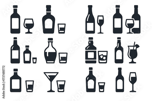 Silhouettes of various beverage bottles and glasses in icon set