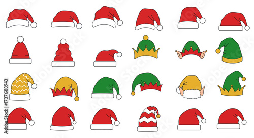 Collection of various Christmas hats and elf caps.