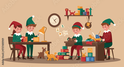 Christmas elves diligently working in Santas workshop making toys.