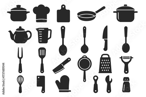 Silhouette collection of kitchen tools and utensils for cooking