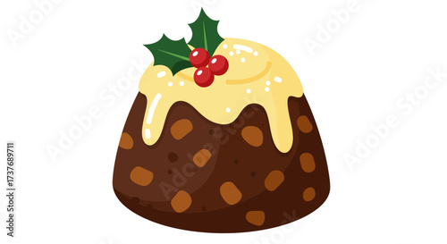 Festive Christmas Pudding with Holly and Cream Topping Traditional Holiday Dessert.