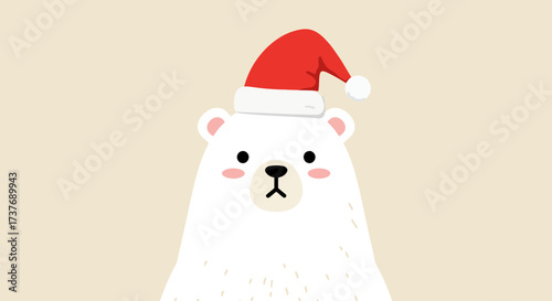 Cute polar bear wearing a red Santa hat for Christmas holiday season.