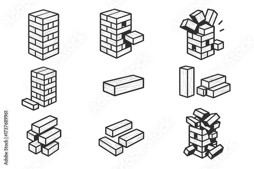 Set of black and white jenga blocks in various stages of play