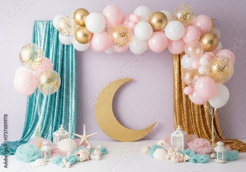 Festive baby shower decoration with balloons and moon backdrop setup