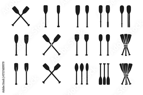 Collection of paddle silhouettes in varied arrangements on white background