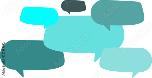Abstract illustration of overlapping blue speech bubbles on a white background, symbolizing chat, communication, messaging, teamwork, and social interaction.