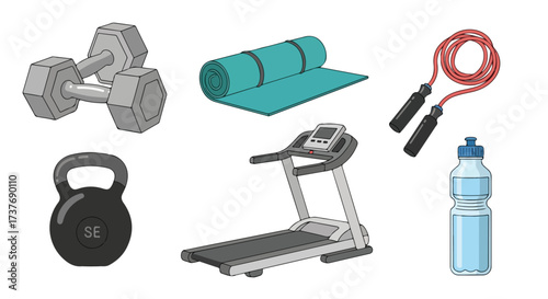 Fitness Equipment Collection Dumbbells Treadmill Yoga Mat Kettlebell Jump Rope Water Bottle Healthy Lifestyle Workout Gear Illustration