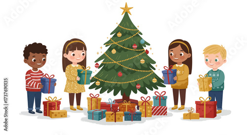 Diverse children celebrating Christmas with presents around a festive tree.