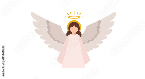 Cute cartoon angel with halo and wings in a simple flat design.