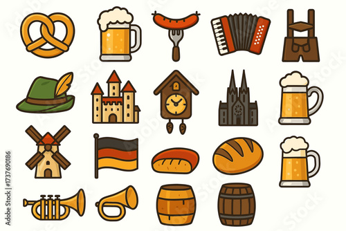 German culture icons: beer, pretzel, lederhosen, cuckoo clock, and more