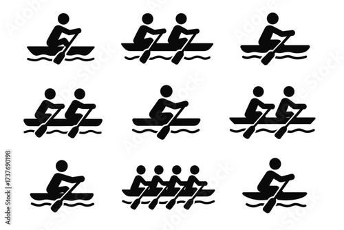Icon collection of rowing activities: solo, tandem, and team paddling pictograms