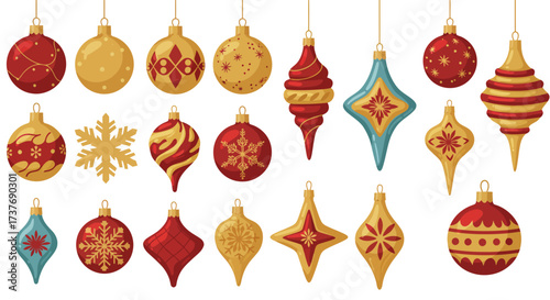 Assortment of festive Christmas tree ornaments in various shapes and colors.