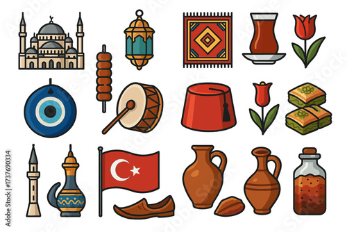 Turkish culture icons: flag, lanterns, fez, tea, drum, tulip, evil eye, mosque