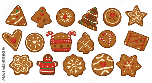 Assortment of festive gingerbread cookies with icing decorations.