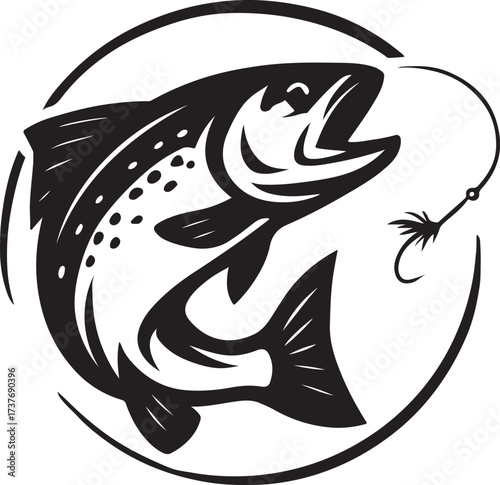 PrintStylized black and white illustration of a trout jumping for a fishing hook