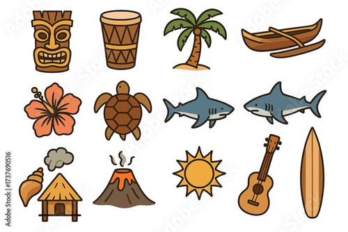 Colorful hawaiian symbols including tiki, drums, palm trees, and sea life