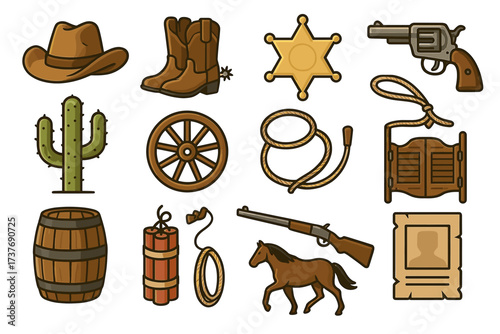 Wild west icons: cowboy hat, boots, revolver, and sheriff badge illustrations
