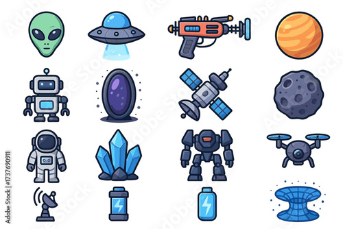 Space-themed icons: alien, ufo, spaceship, robot, planet, satellite, drone, astronaut, crystals