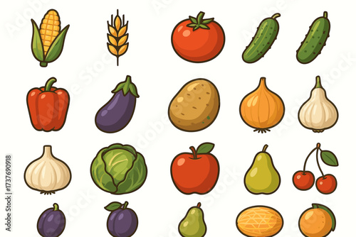 Colorful array of fruits and vegetables on white background