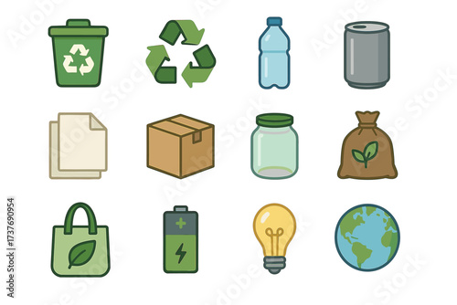 Recycling and sustainability icons: waste management, green energy, eco-friendly symbols