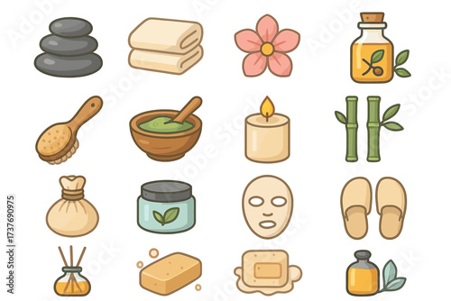 Spa and wellness icons: bamboo, candle, massage stones, spa mask, essential oils