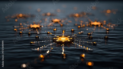 Glowing metallic nodes interconnected, floating on a dark reflective surface; bokeh effect