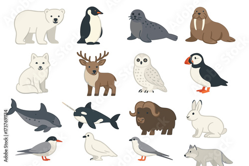 Collection of arctic animals with polar bear, penguin, and narwhal illustrations