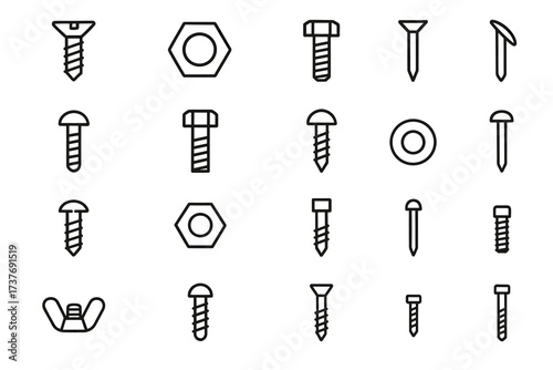 Set of various screw and nail icons in outline style