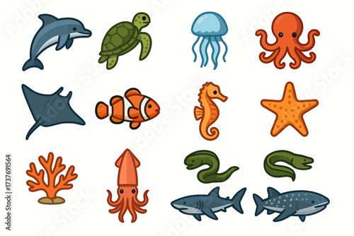 Colorful cartoon marine life with dolphin turtle jellyfish and more