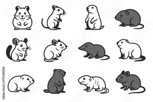 Cartoon rodent illustrations featuring hamsters, mice, and more in black and white
