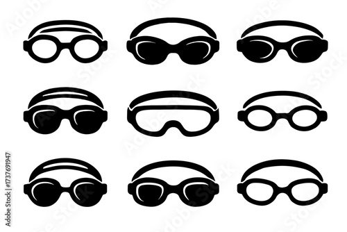 Variety of stylish black sunglasses icons on white background