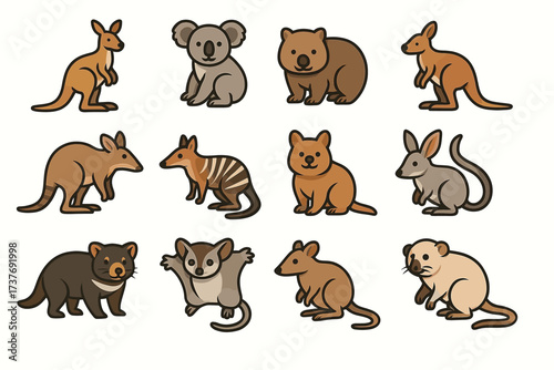 Cartoon australian wildlife compilation featuring diverse marsupials