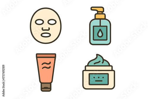Skincare icons: face mask, soap dispenser, tube, cream jar illustration