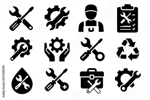 Tool and gear icon set featuring wrenches, screwdrivers, and repair symbols