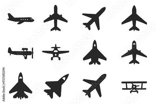 Silhouette collection of various airplane types and models in different orientations
