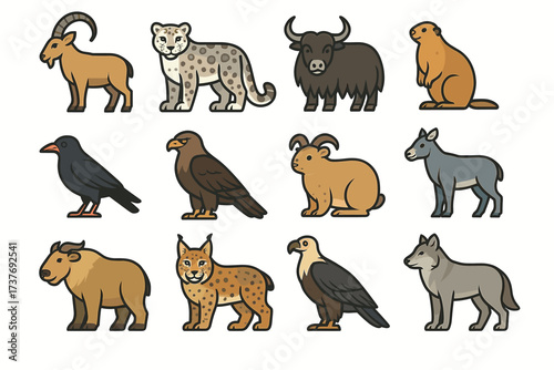 Cartoon animals collection: goat, leopard, bison, marmot, crow, eagle, wolf, lynx, donkey