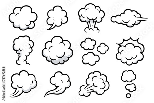 Collection of cartoon comic style cloud and smoke puff icons in various shapes