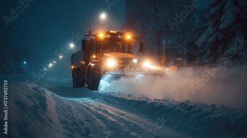 Snow plow clearing road at night