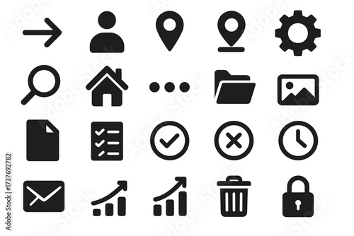 Set of common user interface icons: arrow, gear, location, file, lock, graph, checkmark, magnifying glass
