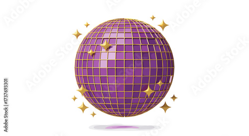 3D purple disco ball with shimmering stars and grid pattern  