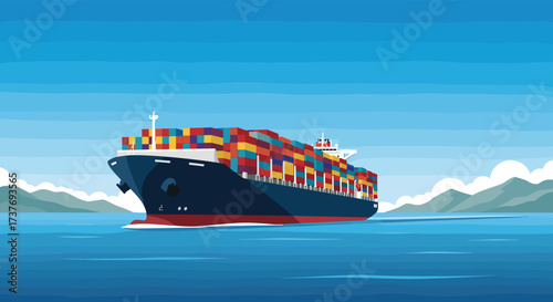 A massive cargo ship sails across a calm blue ocean carrying many colorful containers.