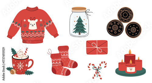 A cozy collection of festive Christmas holiday decorations and treats.