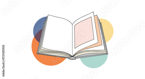 An open book with colorful circles behind it represents knowledge learning and discovery.