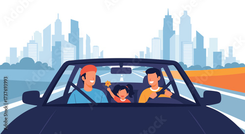 A happy family enjoying a scenic road trip in a convertible with city skyline in the background.
