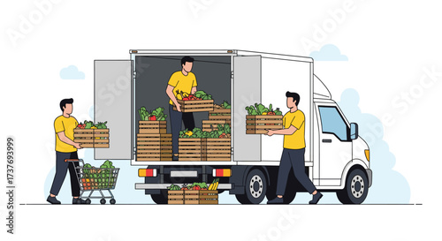 Delivery truck drivers unload fresh produce from a white truck with crates of vegetables.