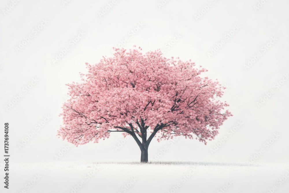 Obraz premium Single cherry blossom tree blossoming with pink flowers on a clear, serene background, representing spring and new growth