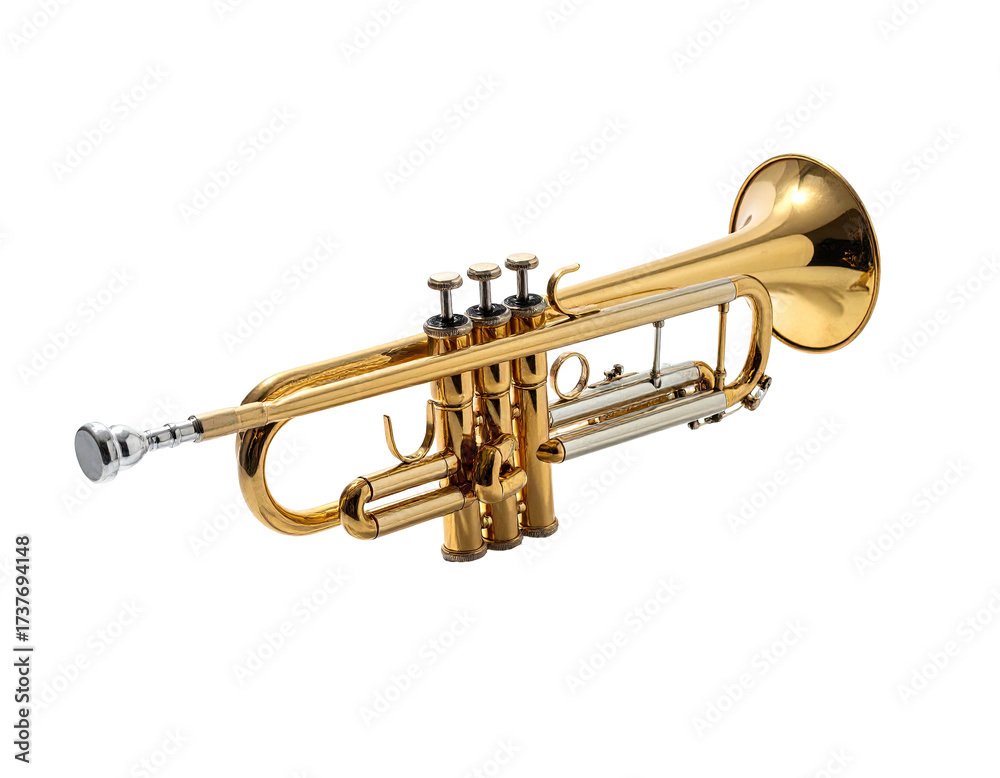 Obraz premium Gleaming brass instrument, valves, mouthpiece, bell, isolated on black background