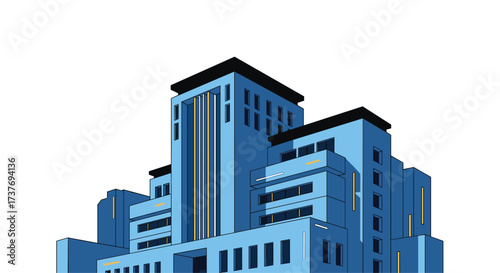 An abstract depiction of a large blue building with multiple levels and windows.